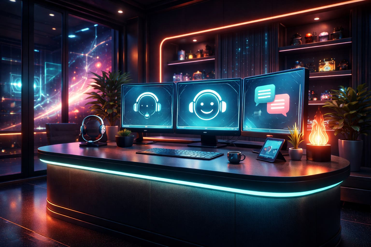 Modern support desk scene with warm neon monitors and premium gaming ambience