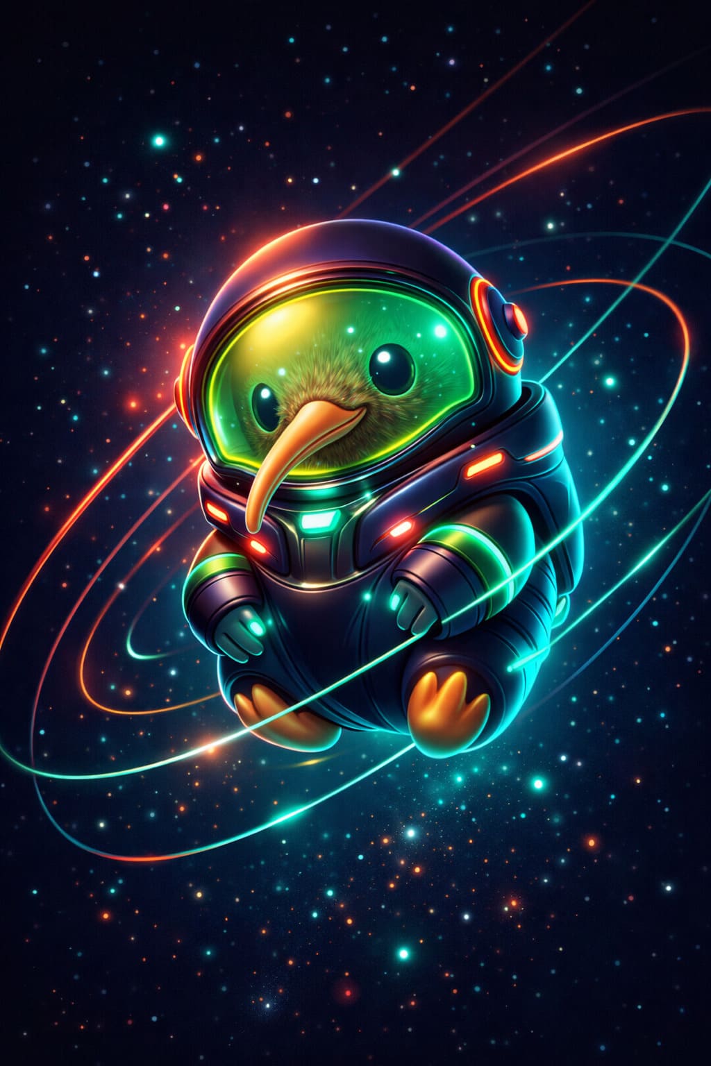 Stylised futuristic kiwi mascot in a glowing arcade atmosphere