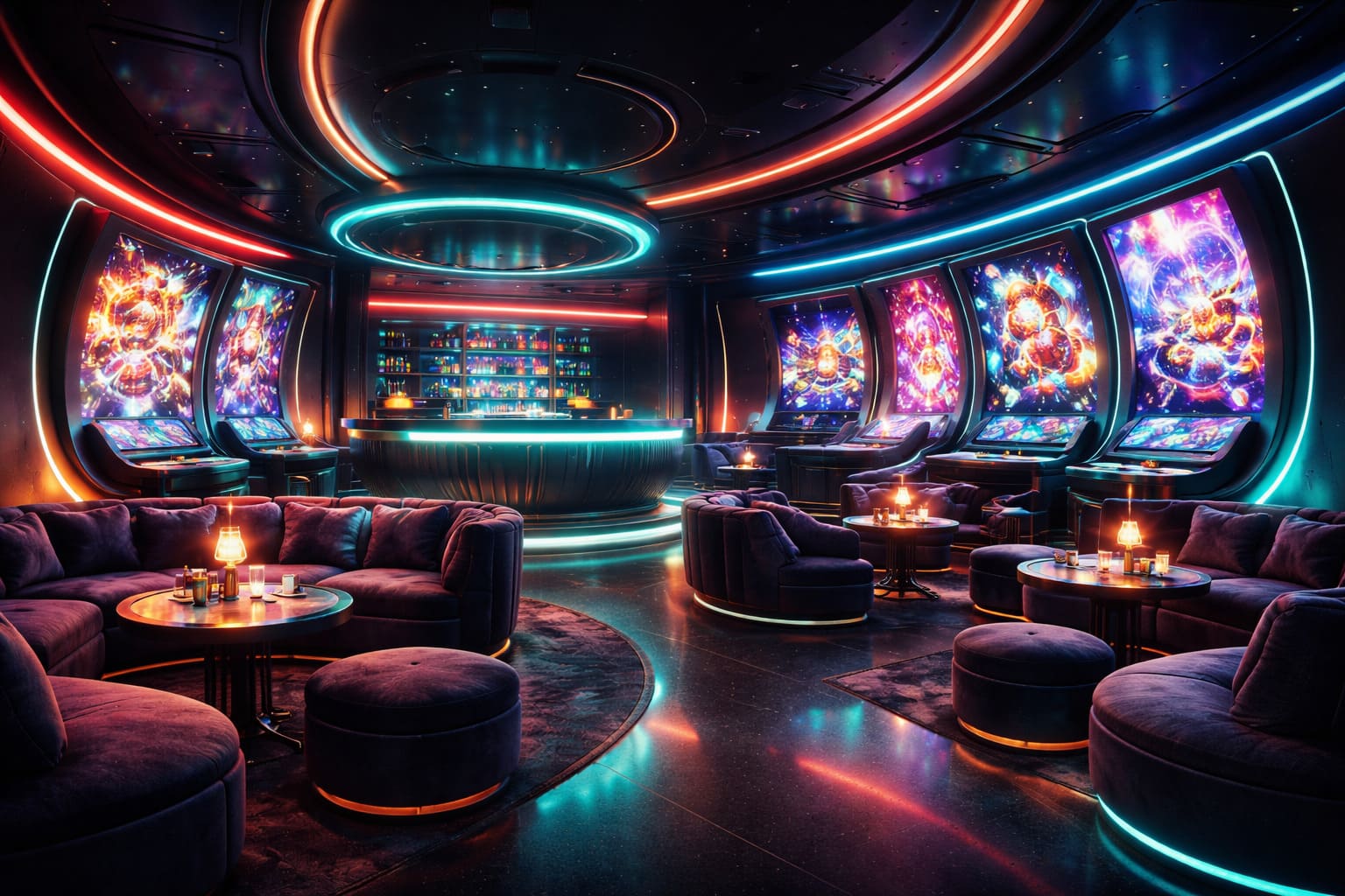 Stylised neon social games lounge with glowing consoles and relaxed premium atmosphere