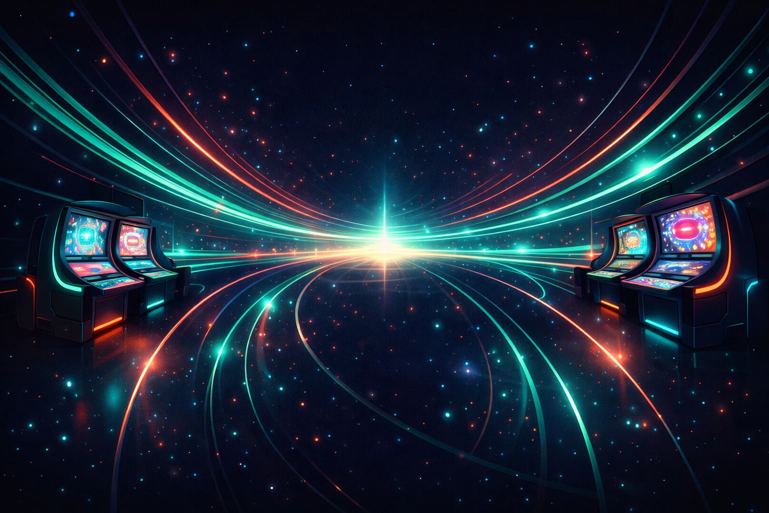 Abstract premium gaming lounge with neon horizon lighting and futuristic curved displays